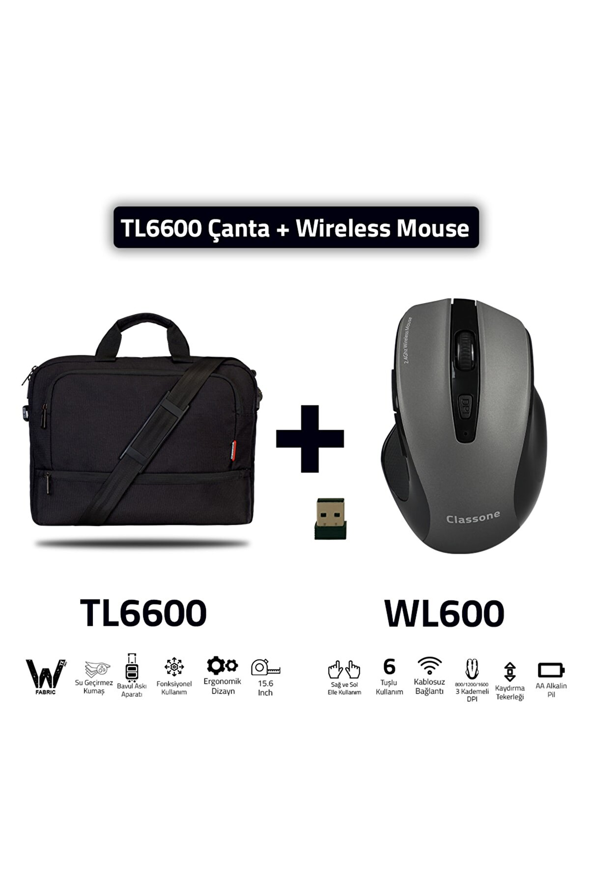 Classone%20TL6600-Wl600%20Wtxpro%20Su%20Geçirmez%20Kumaş%2015.6%20Inç%20Uyumlu%20Notebook%20,laptop%20El%20Çantası+WL600%20Kablosuz%20Mouse
