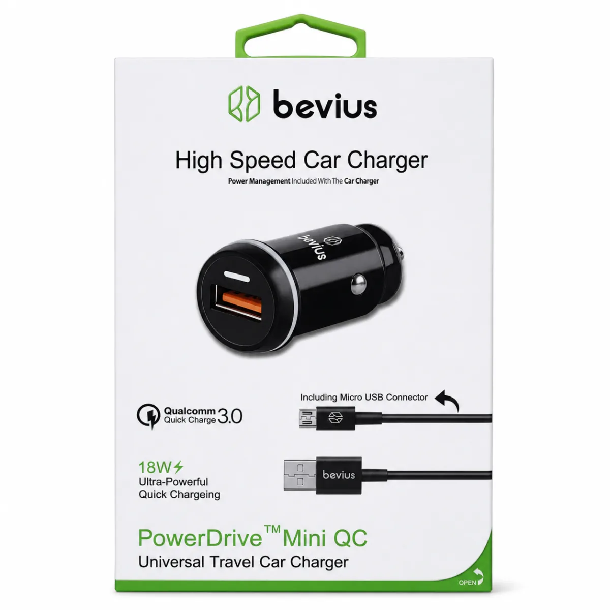 Micro USB Siyah 18W QC 3.0 Kablolu Araç Şarj Cihazı Bevius BVS-AU506