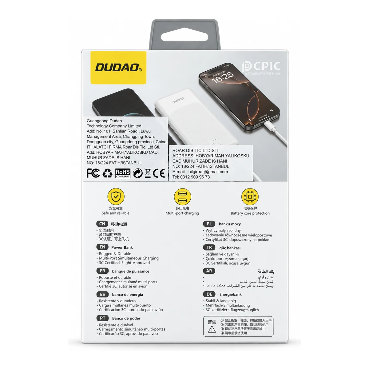 DUDAO K10 Beyaz 10.000 mAh 3 Portlu Powerbank