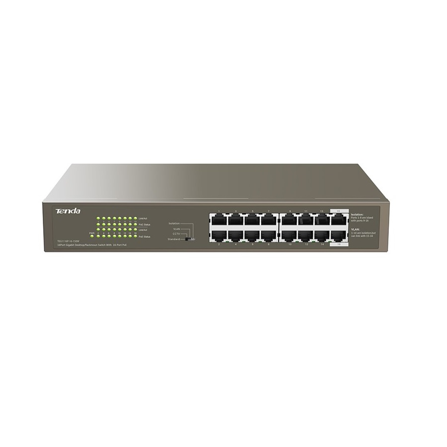 TENDA 16port 150w FULL PoE TEG1116P-16-150W GIGABIT Yönetilemez Switch
