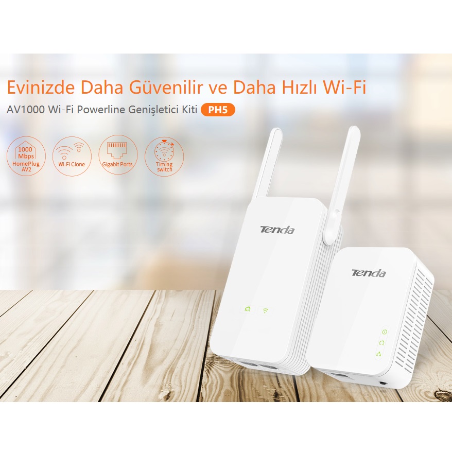 TENDA PH5-P3_KIT 1000mbps AV1000 Kablosuz 300mbps EV Ofis Tipi PowerLine Ağ Adaptörü 2-li paket