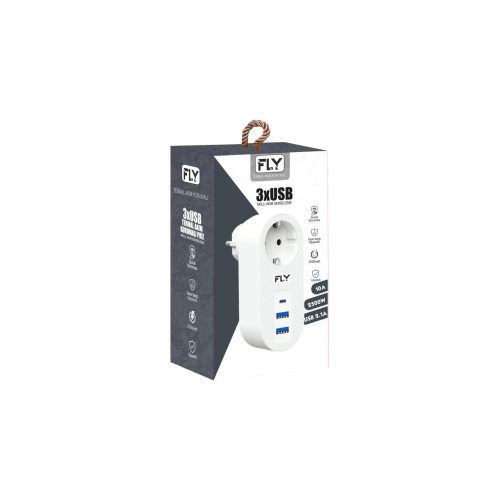 FLY 3400-01, 1 Soket, 2 USB, 1 Type-C, Akım Korumalı Priz, 2.1A, (Beyaz)