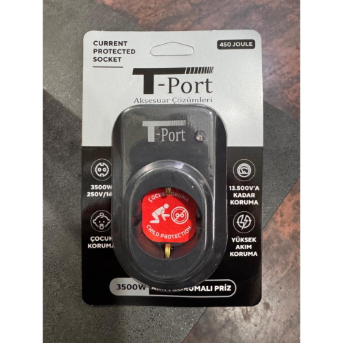 T-PORT 3500W, Tekli, Akım Korumalı Priz, 450 Joules, (Siyah)
