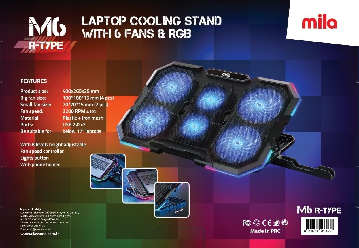 Classone Mila Serisi M6 R-TYPE 13-17 inch Uyumlu 2200 RPM, RGB Işıklı, 6 Fan, Telefon Stand, 2 USB Notebook Soğutucu Stand