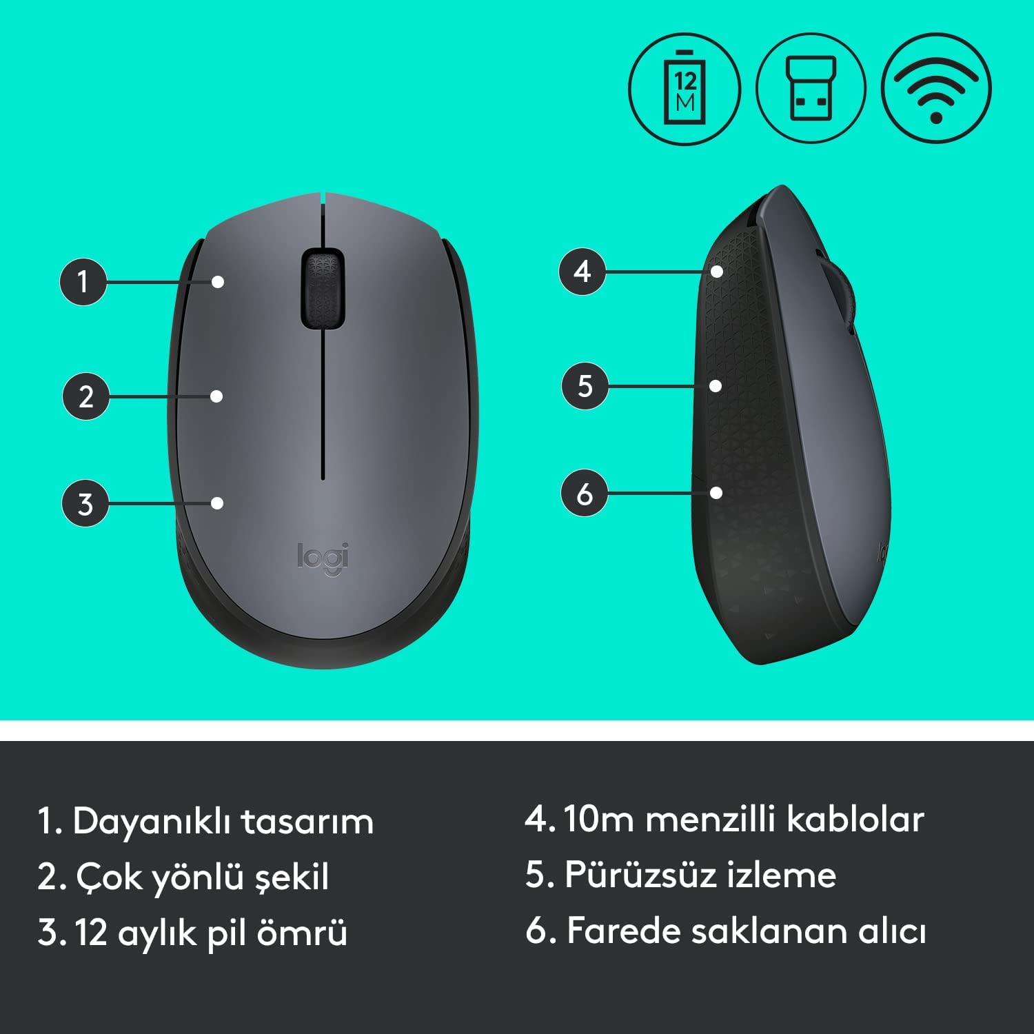 Logitech M170 USB Alıcılı Kablosuz Mouse - Gri - Outlet Ürün ( Kutu Deforme )