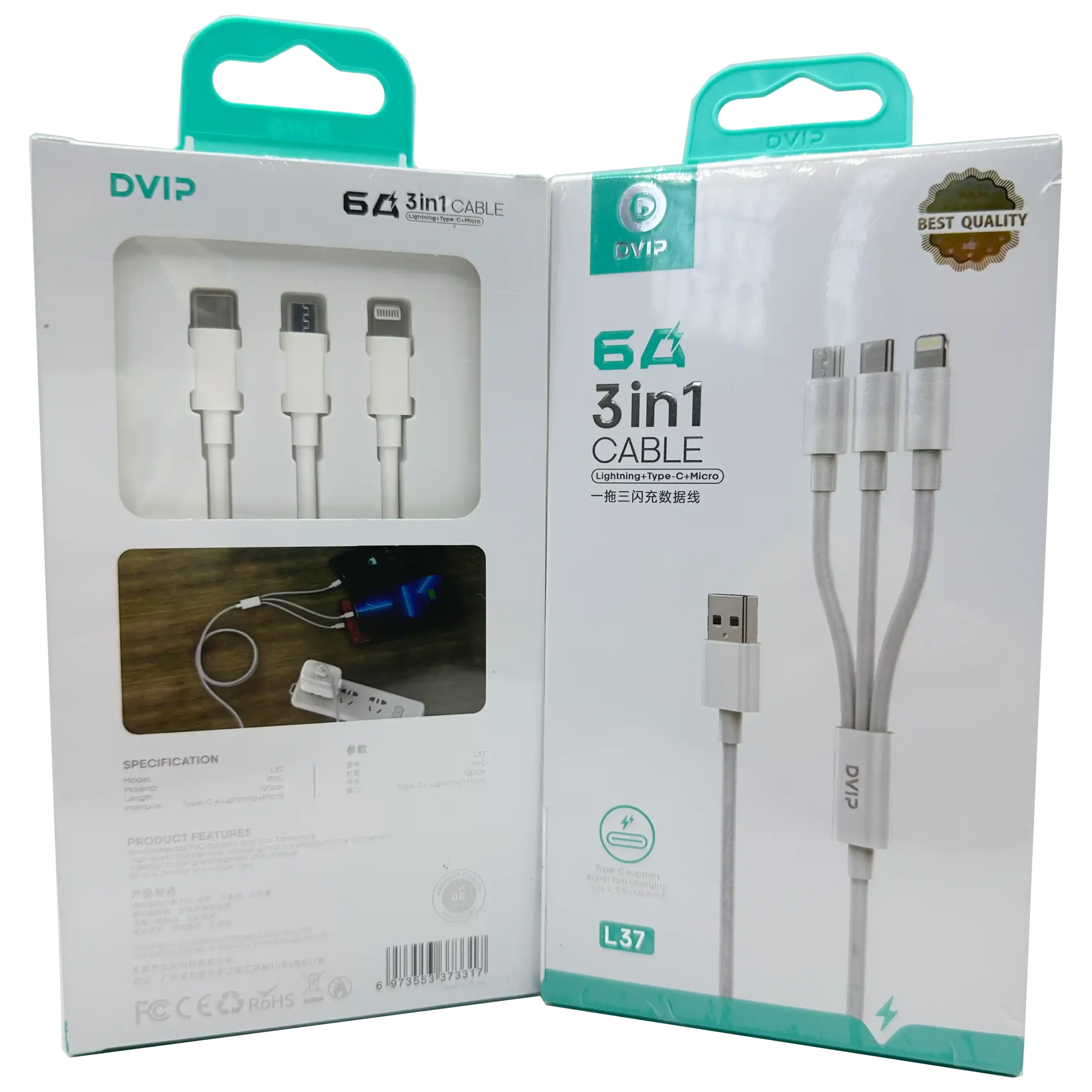 6A (iPhone-TYPE-C-Micro) 3 ü 1 Arada Şarj Kablosu L37