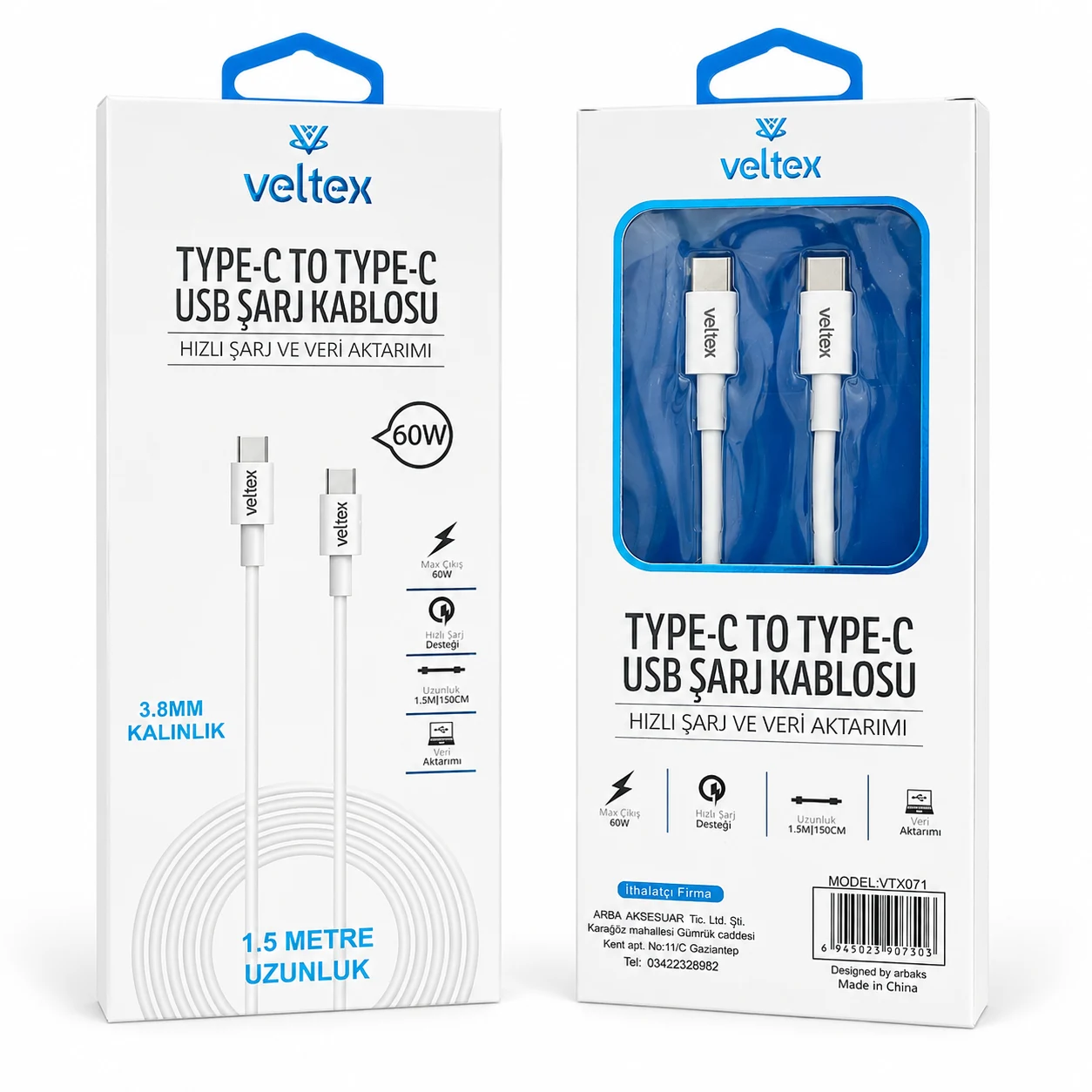 1.5 Metre 60W PD Type-C to Type-C Hızlı Şarj ve Data Kablosu VTX-071