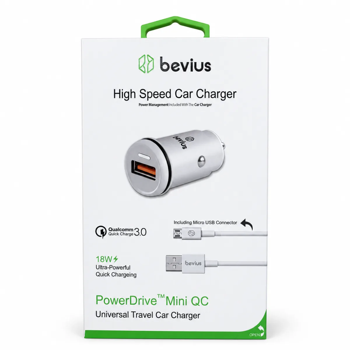 Micro USB Beyaz 18W QC 3.0 Kablolu Araç Şarj Cihazı Bevius BVS-AU506