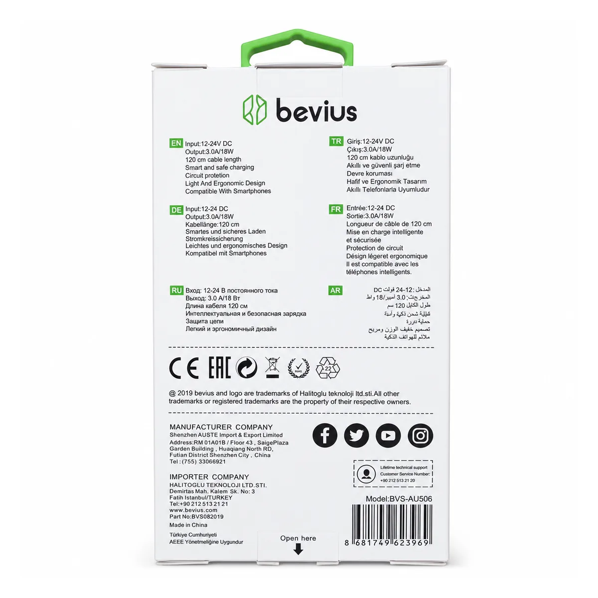 Micro USB Beyaz 18W QC 3.0 Kablolu Araç Şarj Cihazı Bevius BVS-AU506