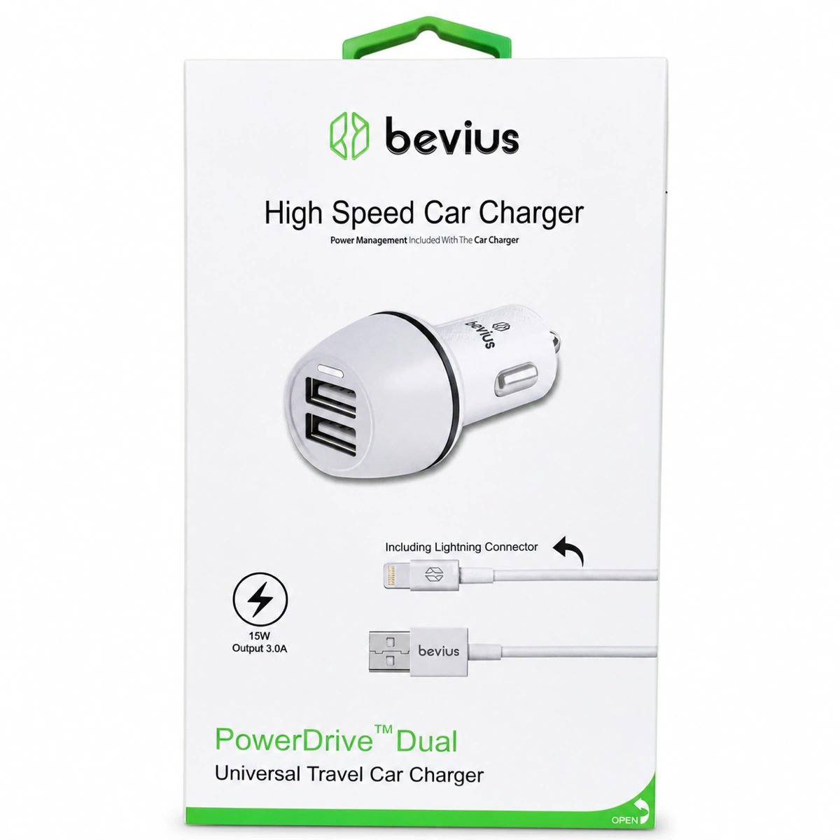 Lightning Beyaz 15W Çift USB Kablolu Araç Şarj Cihazı Bevius BVS-AU516