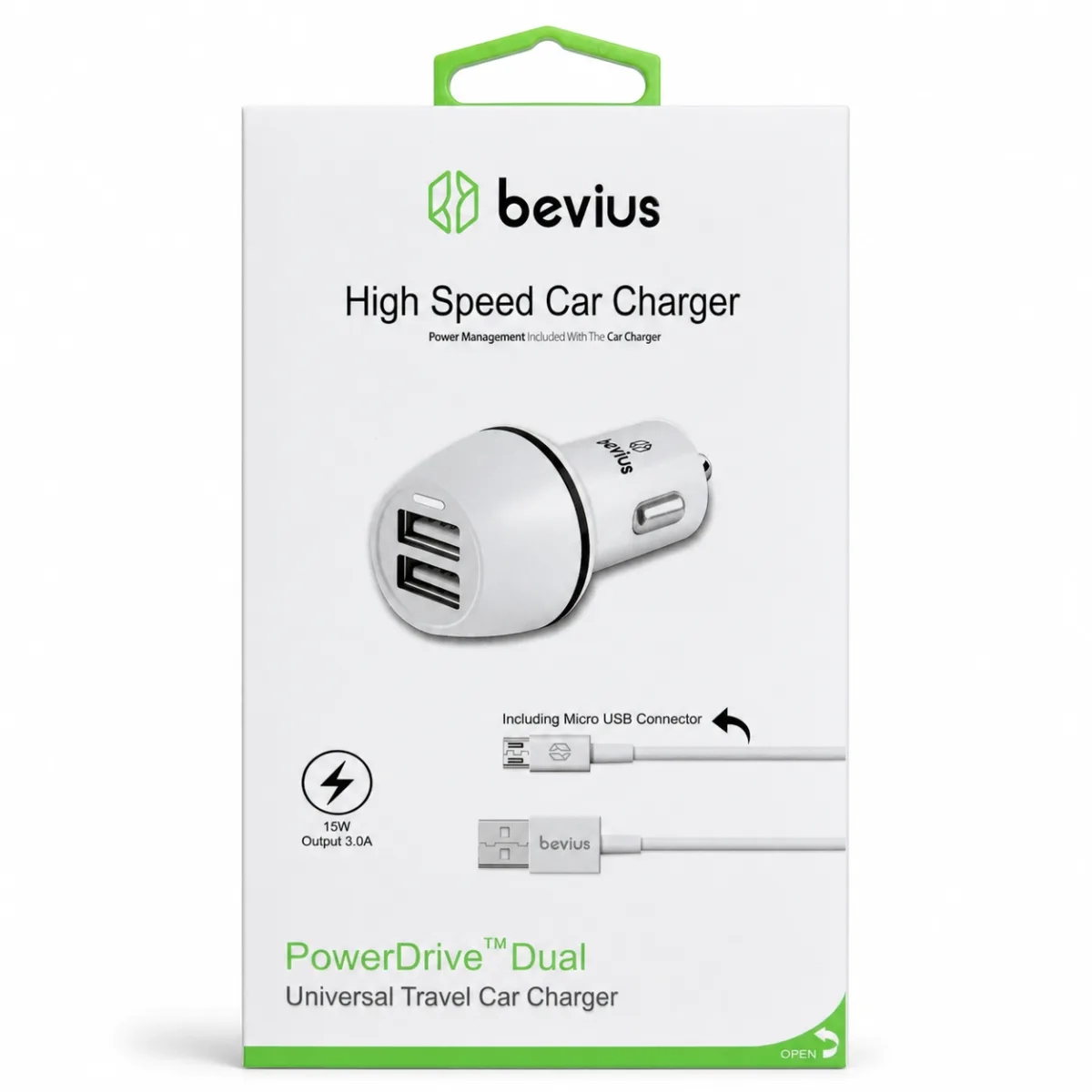 Micro USB Beyaz 15W Çift USB Kablolu Araç Şarj Cihazı BVS-AU514