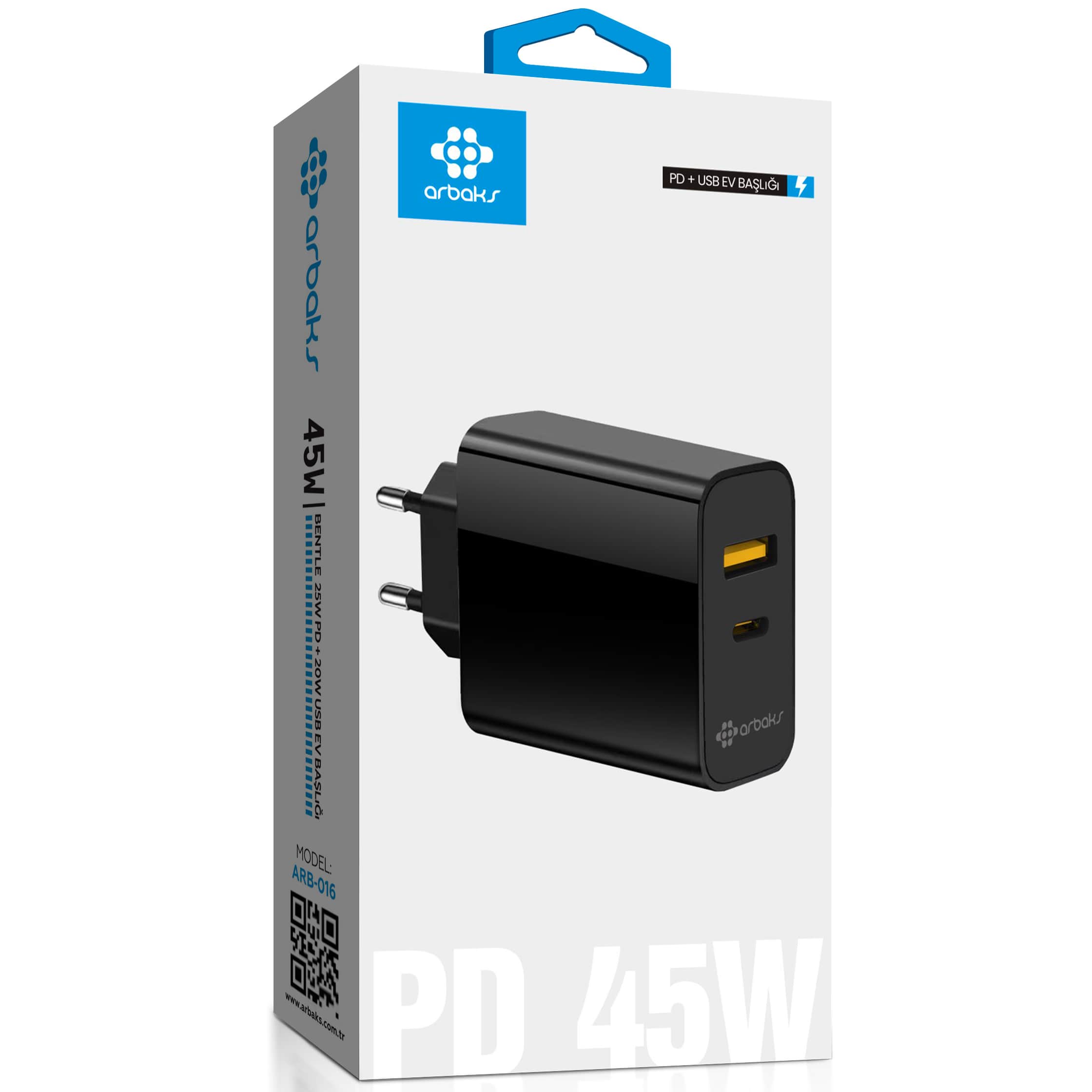 PD 45W PD + USB BENTLE Hızlı Şarj Cihazı Başlığı Arbaks ARB-016