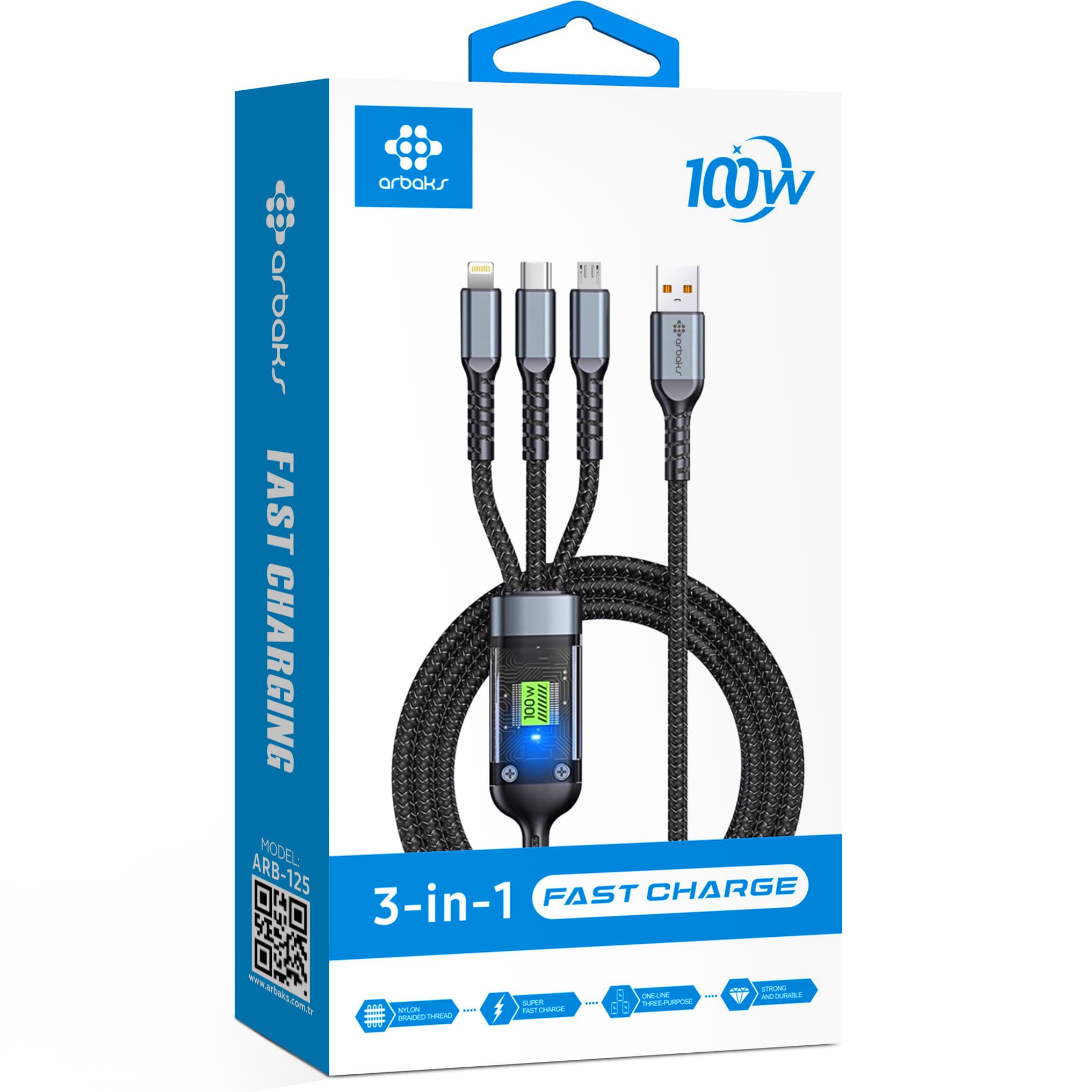 ARB-125 3’ü 1 Arada 100W Hızlı Şarj Kablosu – Type-C, Lightning, Micro USB, LED Ekranlı, Örgülü Dayanıklı Tasarım