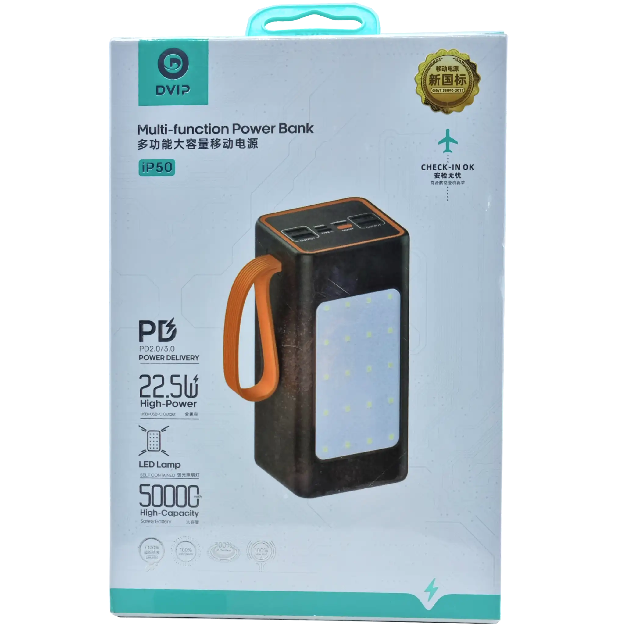 PD 22.5W 50.000 mAh Dijital Göstergeli Kablolu Işıklı Powerbank İP50