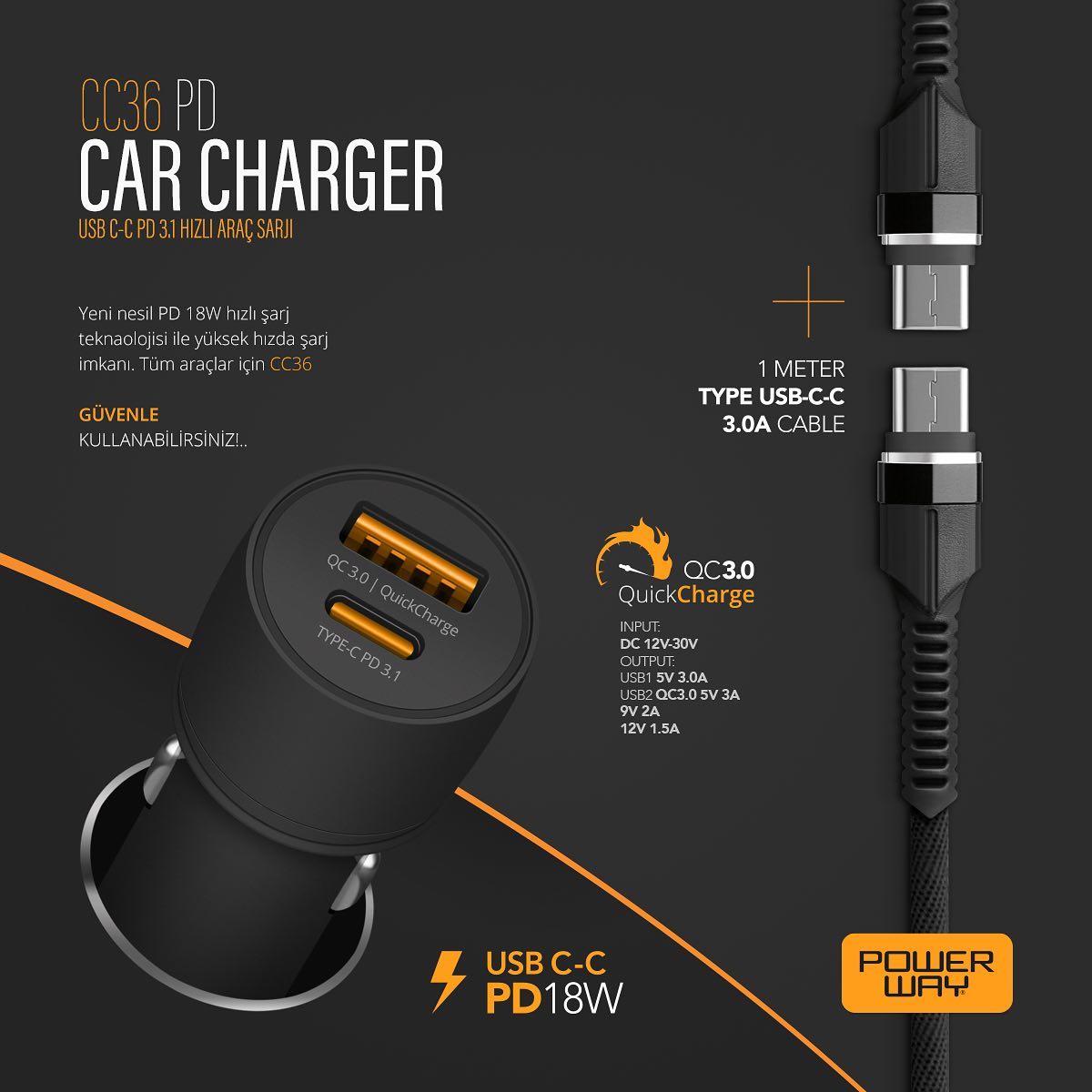 PD 18W 3.1A USB-C / TYPE-C Kablolu Araç Şarjı CC36