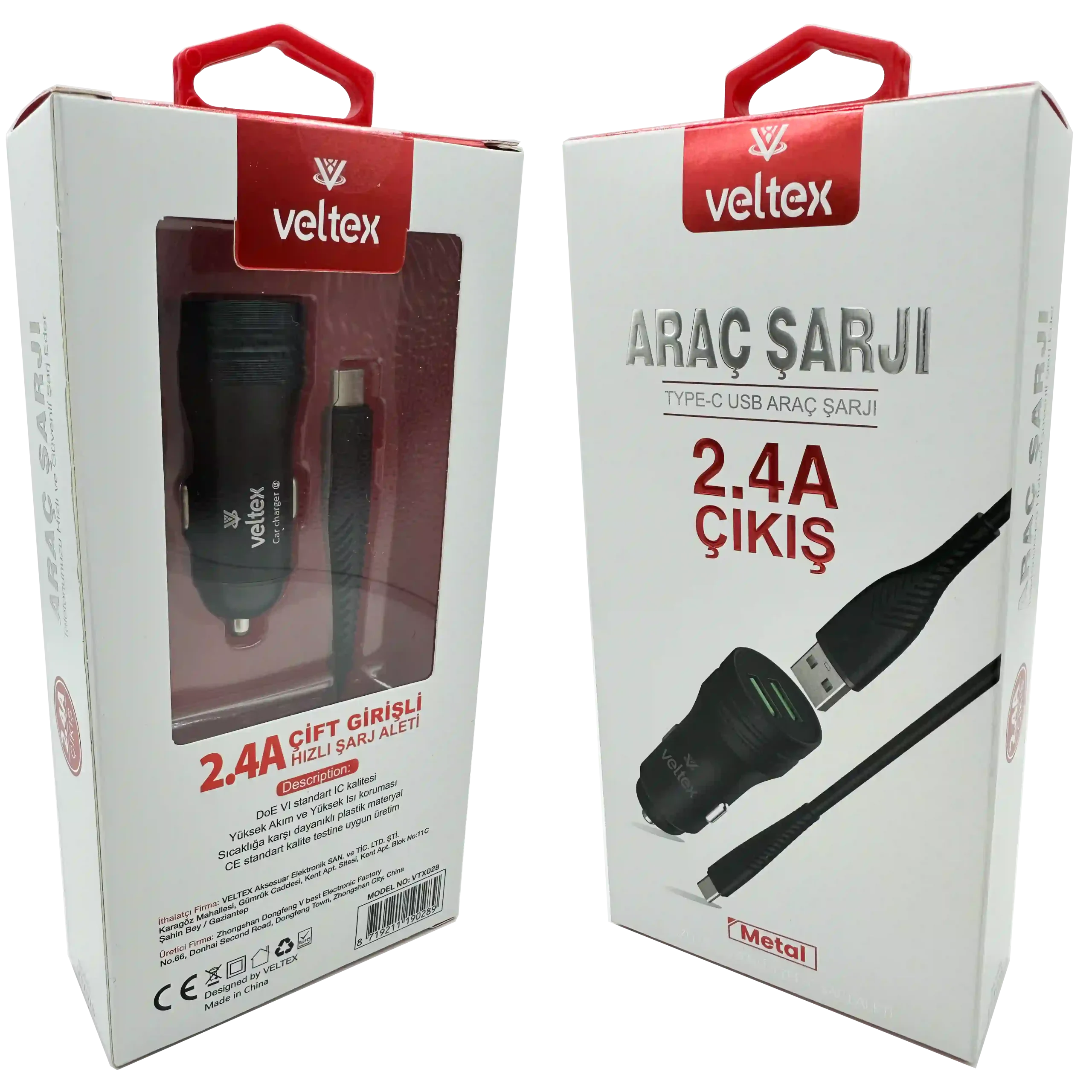 TYPE-C Metal Araç Şarj Seti + Kablo Veltex Vtx-028