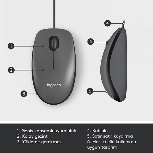 LOGITECH 910-006652, M100 Siyah, USB Kablolu, 1000dpi, Optik, 3 Tuşlu, Mouse