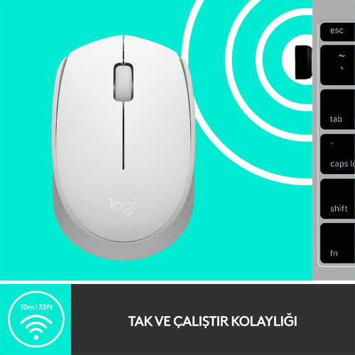 LOGITECH 910-006867, M171 White, USB Nano 2,4G Kablosuz, 1000dpi, Optik, 3 Tuşlu, 12ay Pil Ömrü, Mouse