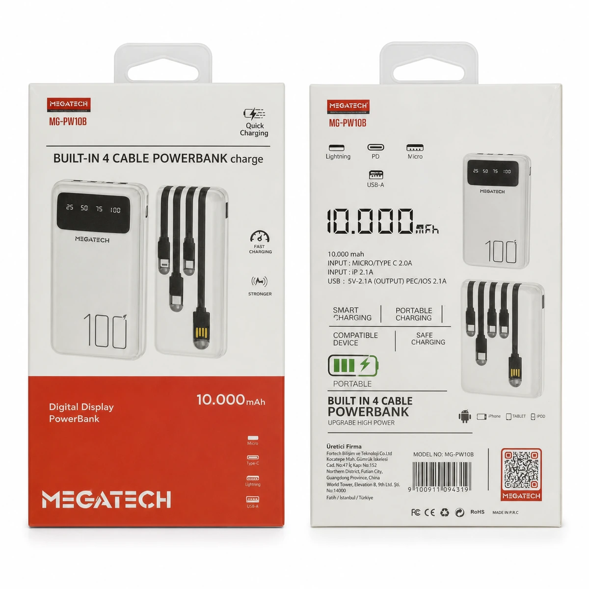 Megatech MG-PW10B 10.000 mAh 4 Kablolu Dijital Göstergeli Powerbank