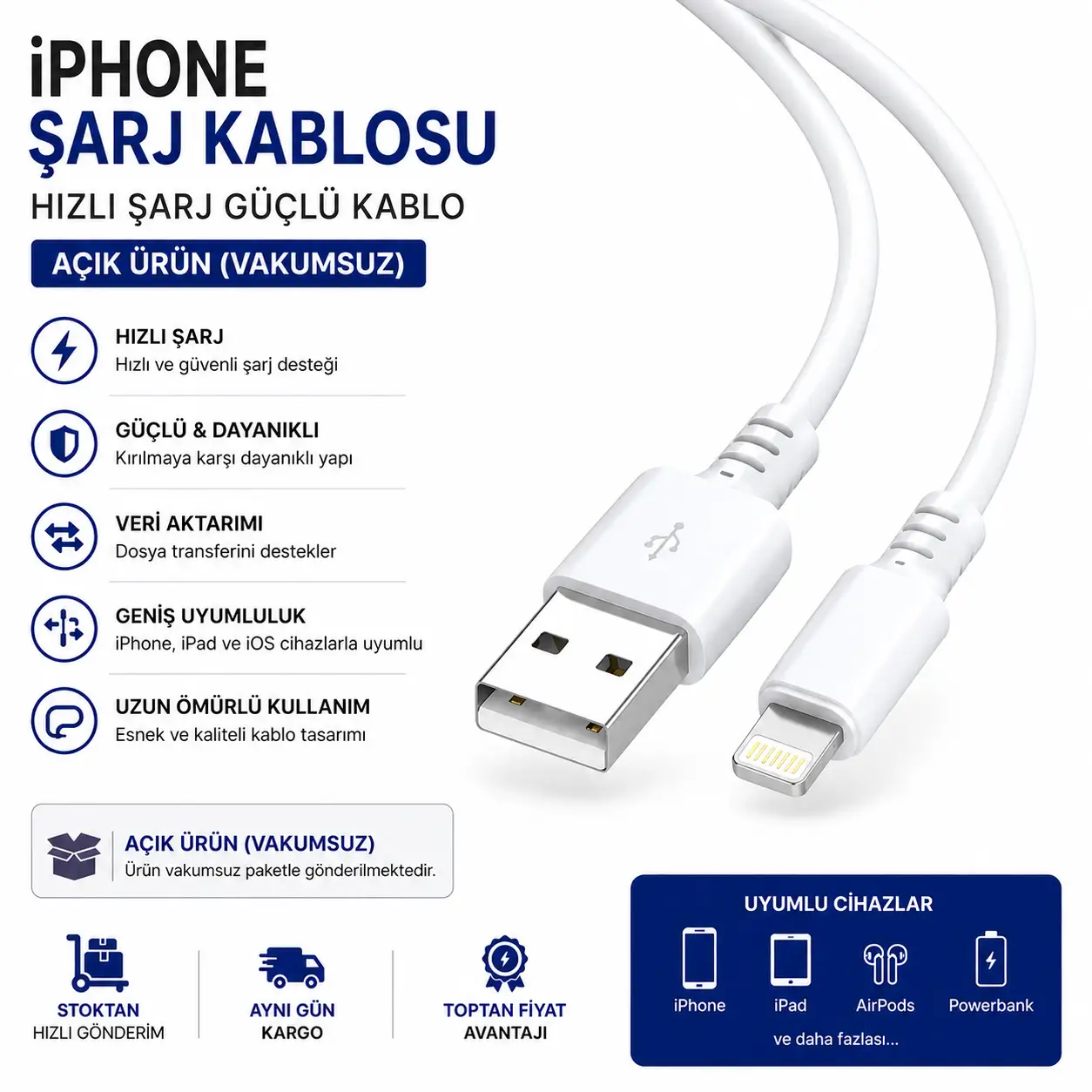 iPhone Şarj Kablosu Hızlı Şarj Güçlü Kablo (Vakumsuz Açık Ürün)