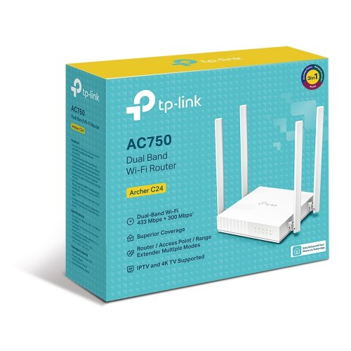 TP-LINK ARCHER C24, AC750, 4Port, 750Mbps, Dual Band WiFi, Masaüstü, Megabit, Router, Access Point, Range Extender