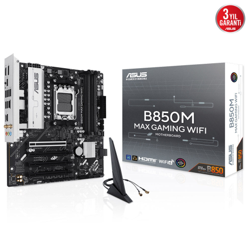 ASUS B850M MAX GAMING WIFI, 4xDDR5, 3x M2, HDMI, DP, Type-C, Wi-Fi 6, Bluetooth v5.4, AM5 Soket GAMING Anakart