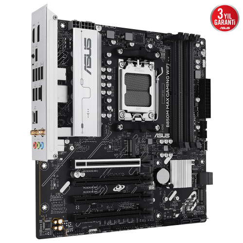 ASUS B850M MAX GAMING WIFI, 4xDDR5, 3x M2, HDMI, DP, Type-C, Wi-Fi 6, Bluetooth v5.4, AM5 Soket GAMING Anakart