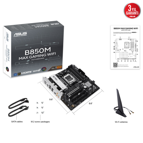 ASUS B850M MAX GAMING WIFI, 4xDDR5, 3x M2, HDMI, DP, Type-C, Wi-Fi 6, Bluetooth v5.4, AM5 Soket GAMING Anakart
