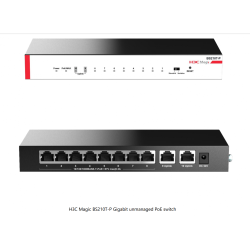 H3C Magic BS210T-P, 10 Port, GigaBit, 8 Port PoE, 57W, +2 Port GigaBit Uplink, Metal Kasa, Yönetilemez, Masaüstü Switch