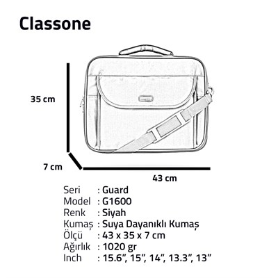 CLASSONE G1600 Guard Serisi Kasnaklı Notebook Çantası 15,4’’-15,6’’
