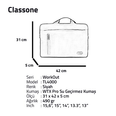 Classone TL4000 WorkOut 15.6 “Notebook, Laptop El Çantası-Siyah