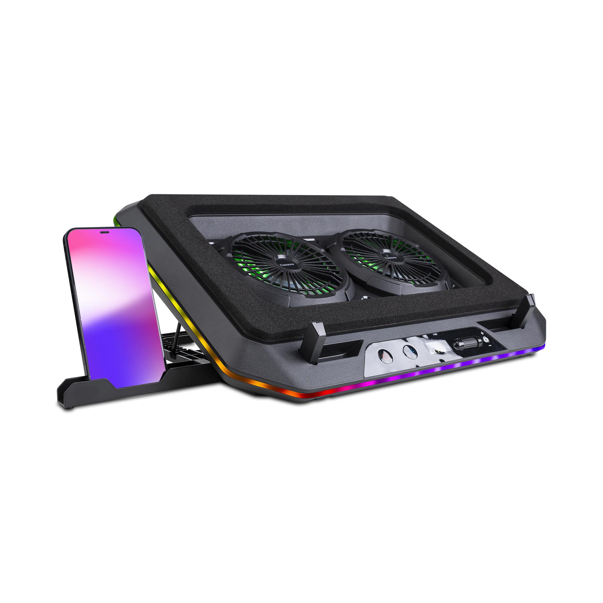 Outlet-Classone Gaming GT200 Laptop Soğutucu Notebook Stand,3000 RPM, 10 RGB ışık kontrolü , 15.6 -17 inch , Hız kontrolü , 2 Büyük fan ,Telefon standı, 1 TYPE C Usb, 1 Usb