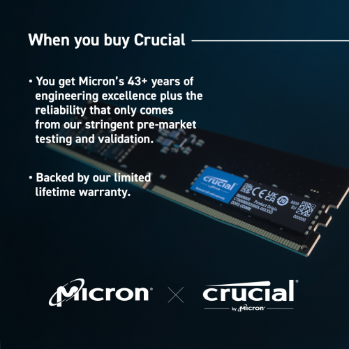 CRUCIAL CT16G48C40U5, 16Gb, 4800Mhz, DDR5, 1.1V, CL40, Desktop RAM (By Micron)