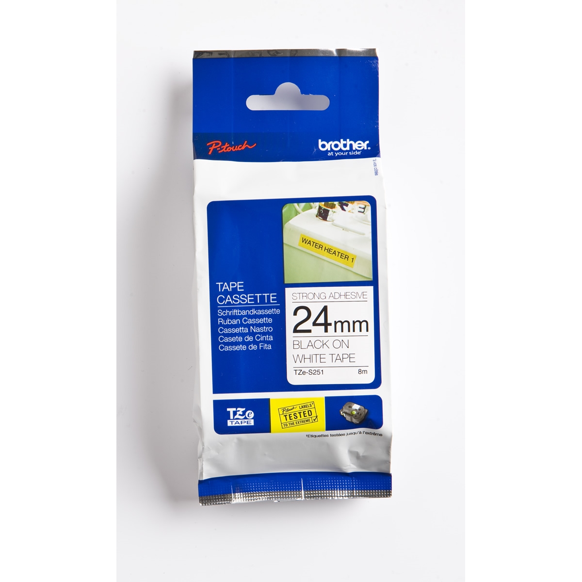 BROTHER P-TOUCH TZE-S251 TZE-TAPE 24MM BEYAZ ÜZERİNE SİYAH GÜÇLÜ YAPIŞKANLI LAMİNASYONLU ETİKET