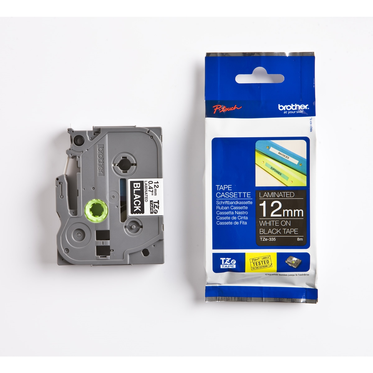 BROTHER P-TOUCH TZE-335 TZE-TAPE 12MM SIYAH UZERINE BEYAZ LAMINASYONLU ETIKET