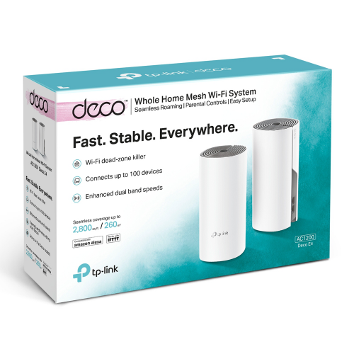 TP-LINK DECO-E4, AC1200, İkili Mesh, 1200Mbps, Dual Band, 2Port Megabit Lan, 260m2 Çekim Alanı, Router, Geniş Alan İnternet Ağı Sağlayıcısı