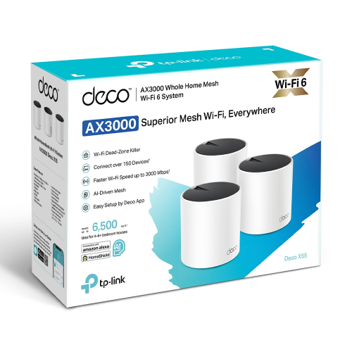 TP-LINK DECO-X55, AX3000, Tekli Mesh, 3000Mbps, Dual Band, WiFi6, 3Port Gigabit Lan, 230m2 Çekim Alanı, Router, Geniş Alan İnternet Ağı Sağlayıcısı