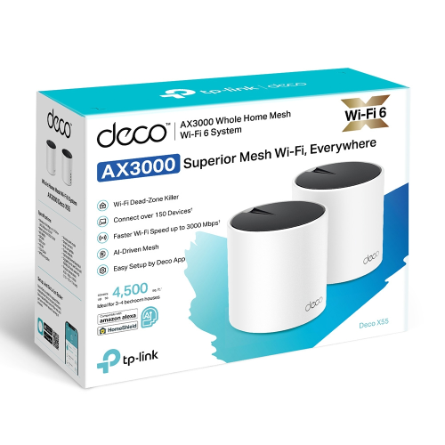 TP-LINK DECO-X55, AX3000, İkili Mesh, 3000Mbps Dual Band, WiFi6, 3Port Gigabit Lan, 420m2 Çekim Alanı, Router, Geniş Alan İnternet Ağı Sağlayıcısı