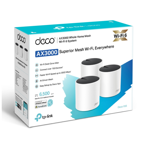 TP-LINK DECO-X55, AX3000, Üçlü Mesh, 3000Mbps, Dual Band, WiFi6, 3Port Gigabit Lan, 600m2 Çekim Alanı, Router, Geniş Alan İnternet Ağı Sağlayıcısı