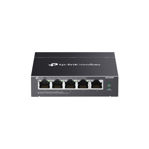OMADA DS105GP, 5 Port Gigabit,  4 Port Gigabit PoE+, 65W, Yönetilemez, Masaüstü/Vesa Metal Kasa Sessiz Switch