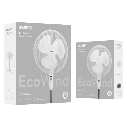 EVEREST FAN10, BEYAZ, EcoWind, 3 Kademeli Hız, 16’’ Kanat, 45W, Otomatik Salınım, Yükseklik Ayarlı, AC220, Vantilatör