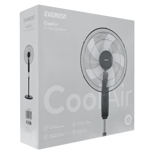 EVEREST FAN11, SİYAH, CoolAir, 3 Kademeli Hız, 16’’ Kanat, 45W, Otomatik Salınım, Yükseklik Ayarlı, AC220, Vantilatör