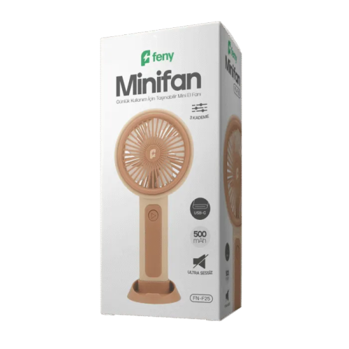 FENY FN-F25, KREM-KAHVE, 3 Kademeli Hız, Elde Kullanım, Dahili 500mAh Bataryalı, Type-C Şarj Girişli, Vantilatör