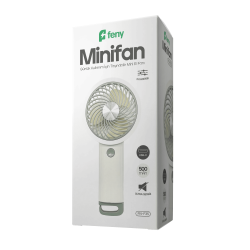 FENY FN-F35, BEYAZ-GRİ, 3 Kademeli Hız, Kancalı, Elde Kullanım, Dahili 500mAh Bataryalı, Type-C Şarj Girişli, Vantilatör
