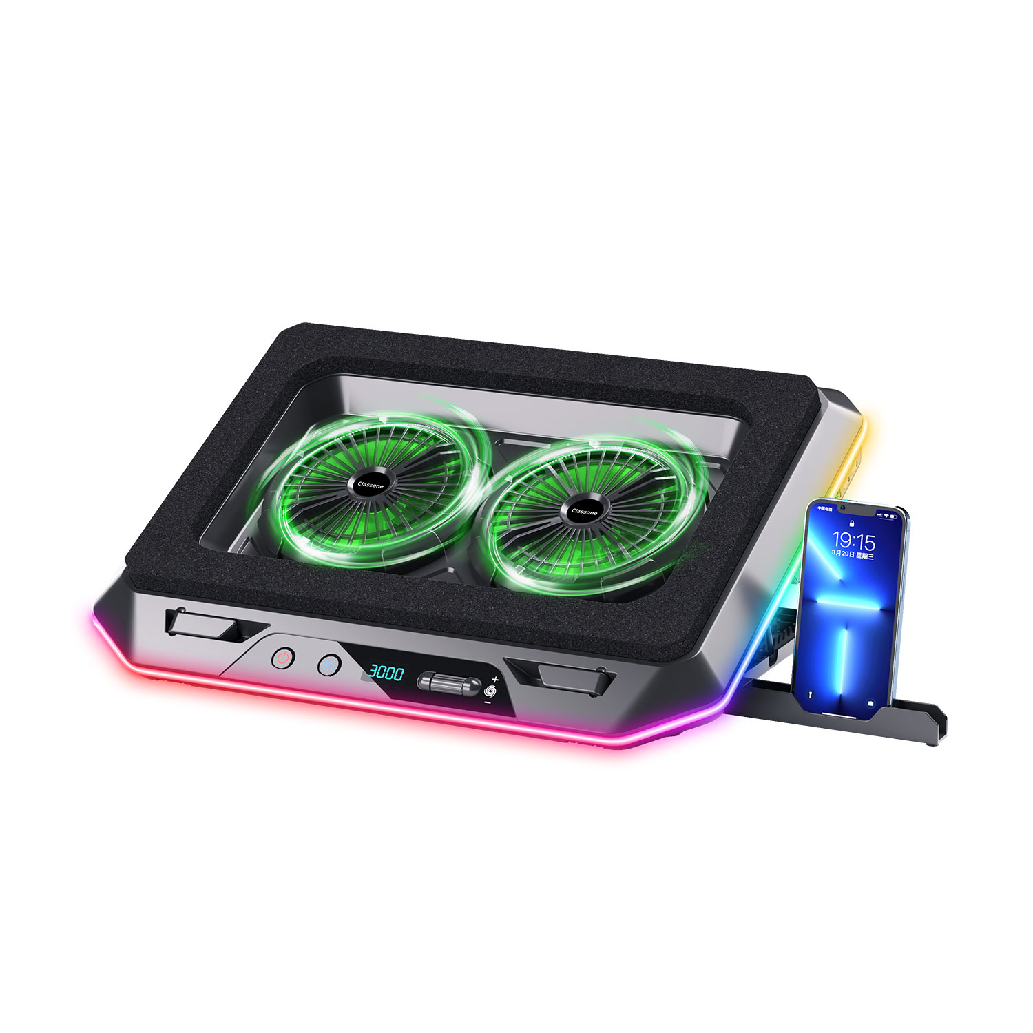 Outlet-Classone Gaming GT200 Laptop Soğutucu Notebook Stand,3000 RPM, 10 RGB ışık kontrolü , 15.6 -17 inch , Hız kontrolü , 2 Büyük fan ,Telefon standı, 1 TYPE C Usb, 1 Usb