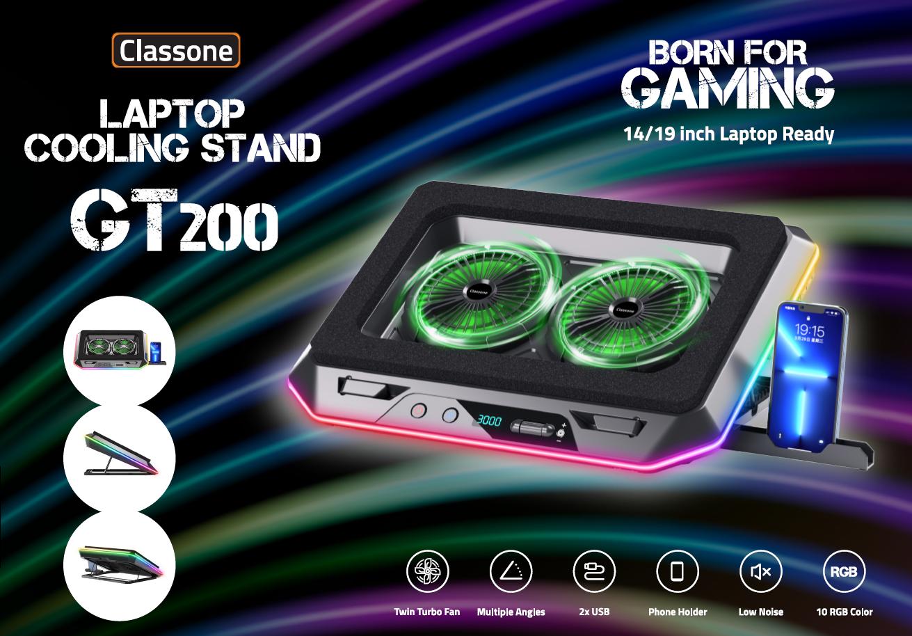 Outlet-Classone Gaming GT200 Laptop Soğutucu Notebook Stand,3000 RPM, 10 RGB ışık kontrolü , 15.6 -17 inch , Hız kontrolü , 2 Büyük fan ,Telefon standı, 1 TYPE C Usb, 1 Usb