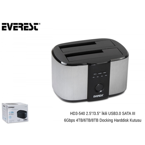 EVEREST HD3-540, 2.5’’ ve 3.5’’ Disk Uyumlu, USB 3.0, İki Disk Yuvalı, Dock Station