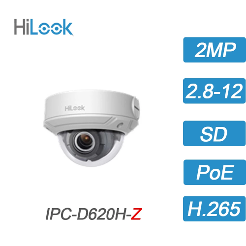 HILOOK IPC-D620H-Z, 2Mpix, 2,8-12mm Motorize Lens, H265+, 30Mt Gece Görüşü, PoE, IP67, IK10, Dome, IP Kamera