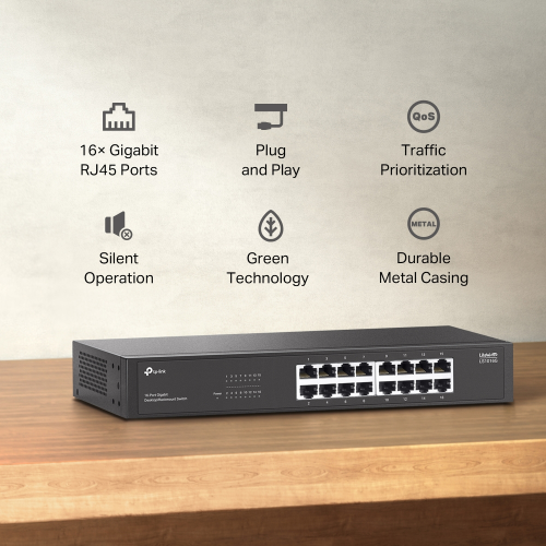 TP-LINK LS1016G, Green Tech, 16 Port GigaBit, Yönetilemez, Metal Kasa, Masaüstü Switch