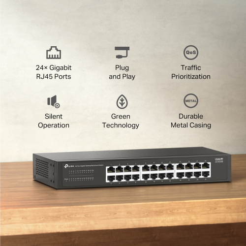 TP-LINK LS1024G, Green Tech, 24 Port GigaBit, Yönetilemez, Metal Kasa, Masaüstü Switch